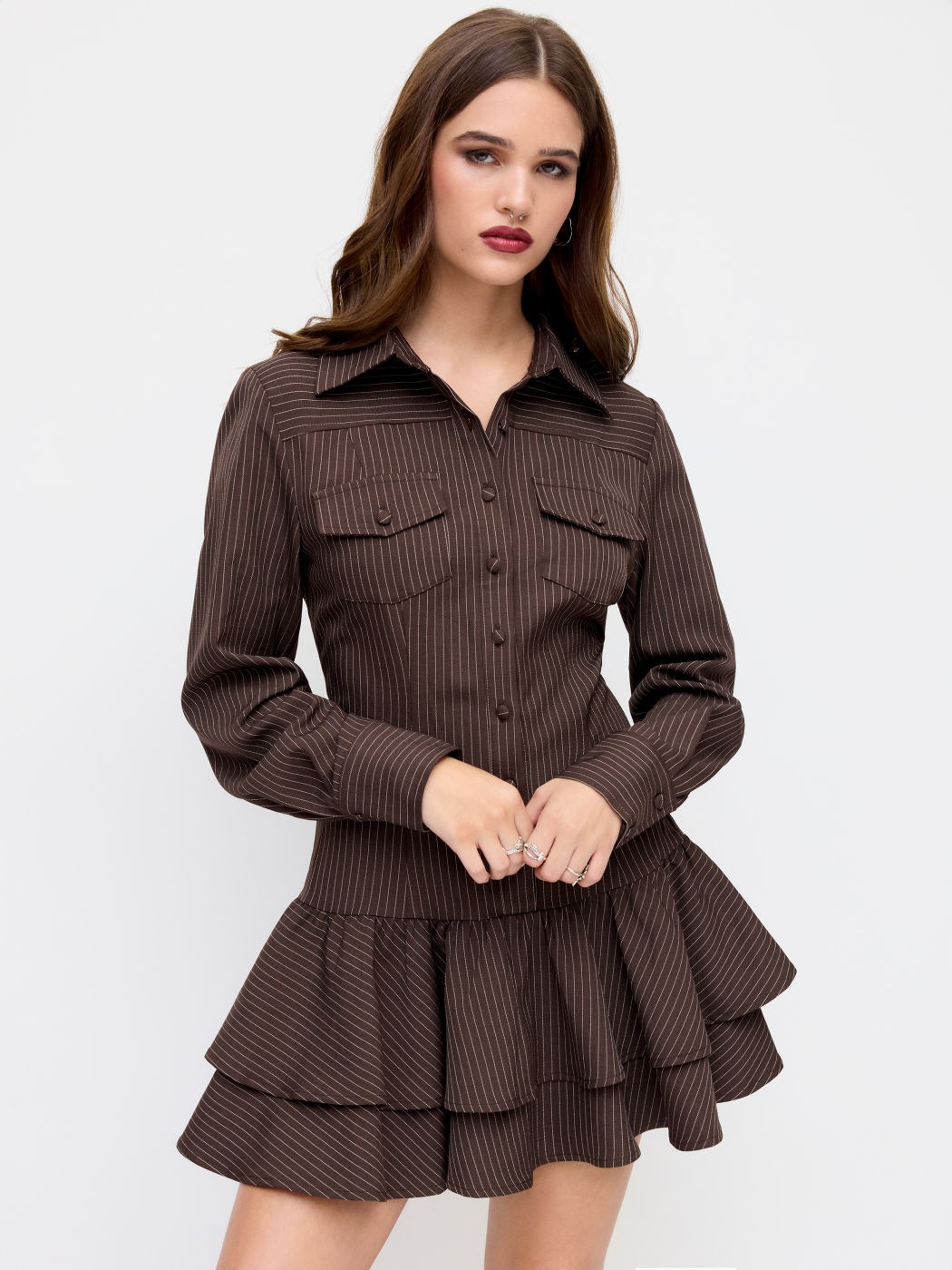 Striped Collar Long Sleeve Button Lace Up Layered Mini Dress