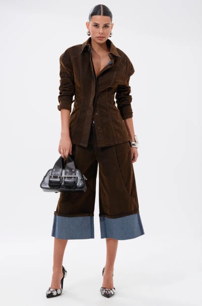 Corduroy Contrast Denim Trim Shirt & Culotte Set