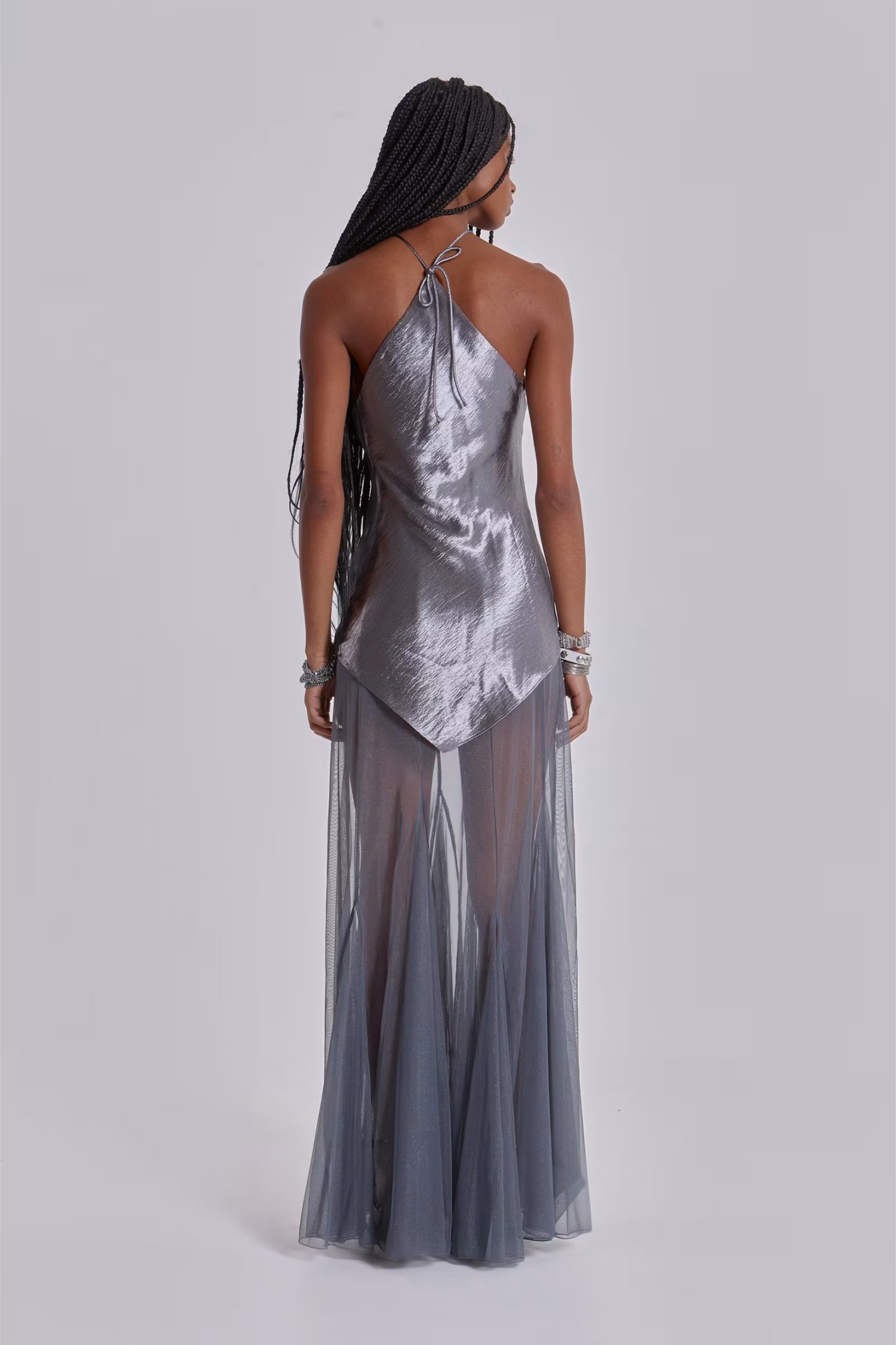 Feather-Trim Satin & Sheer Mesh Maxi Dress