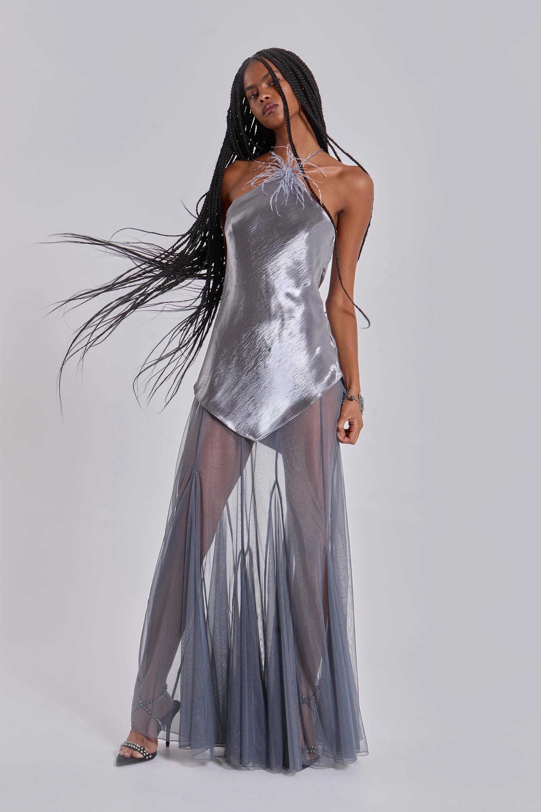 Feather-Trim Satin & Sheer Mesh Maxi Dress