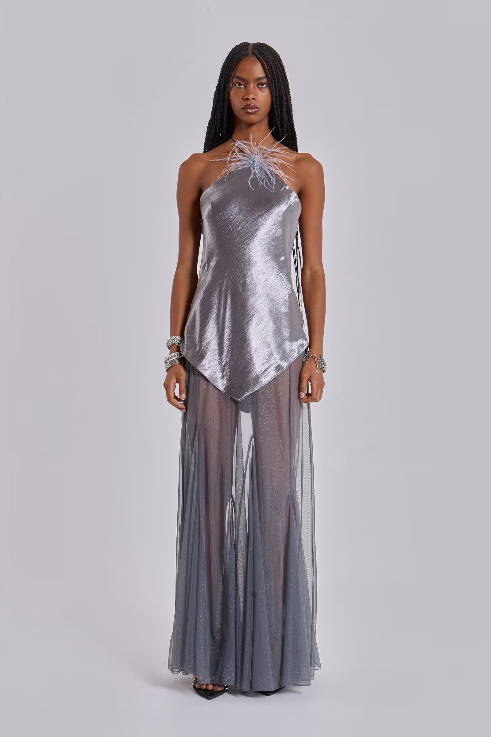 Feather-Trim Satin & Sheer Mesh Maxi Dress