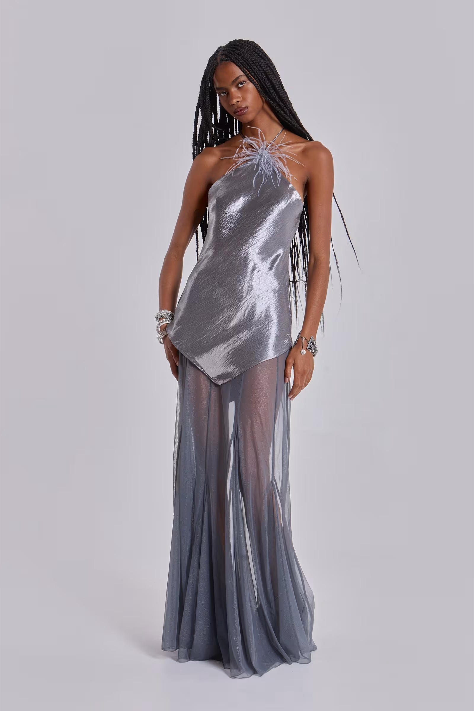 Feather-Trim Satin & Sheer Mesh Maxi Dress