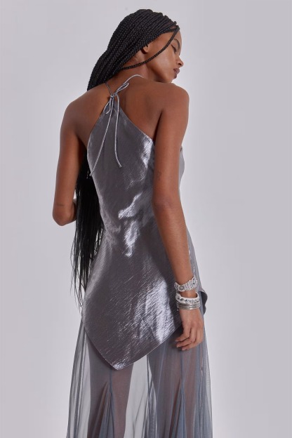 Feather-Trim Satin & Sheer Mesh Maxi Dress