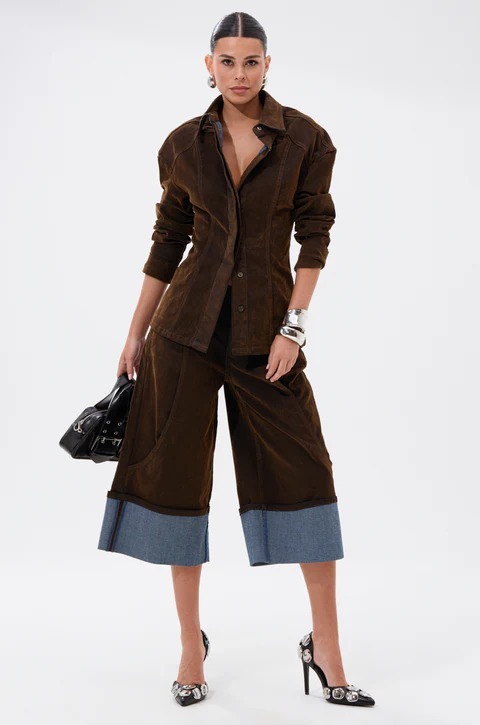 Corduroy Contrast Denim Trim Shirt & Culotte Set