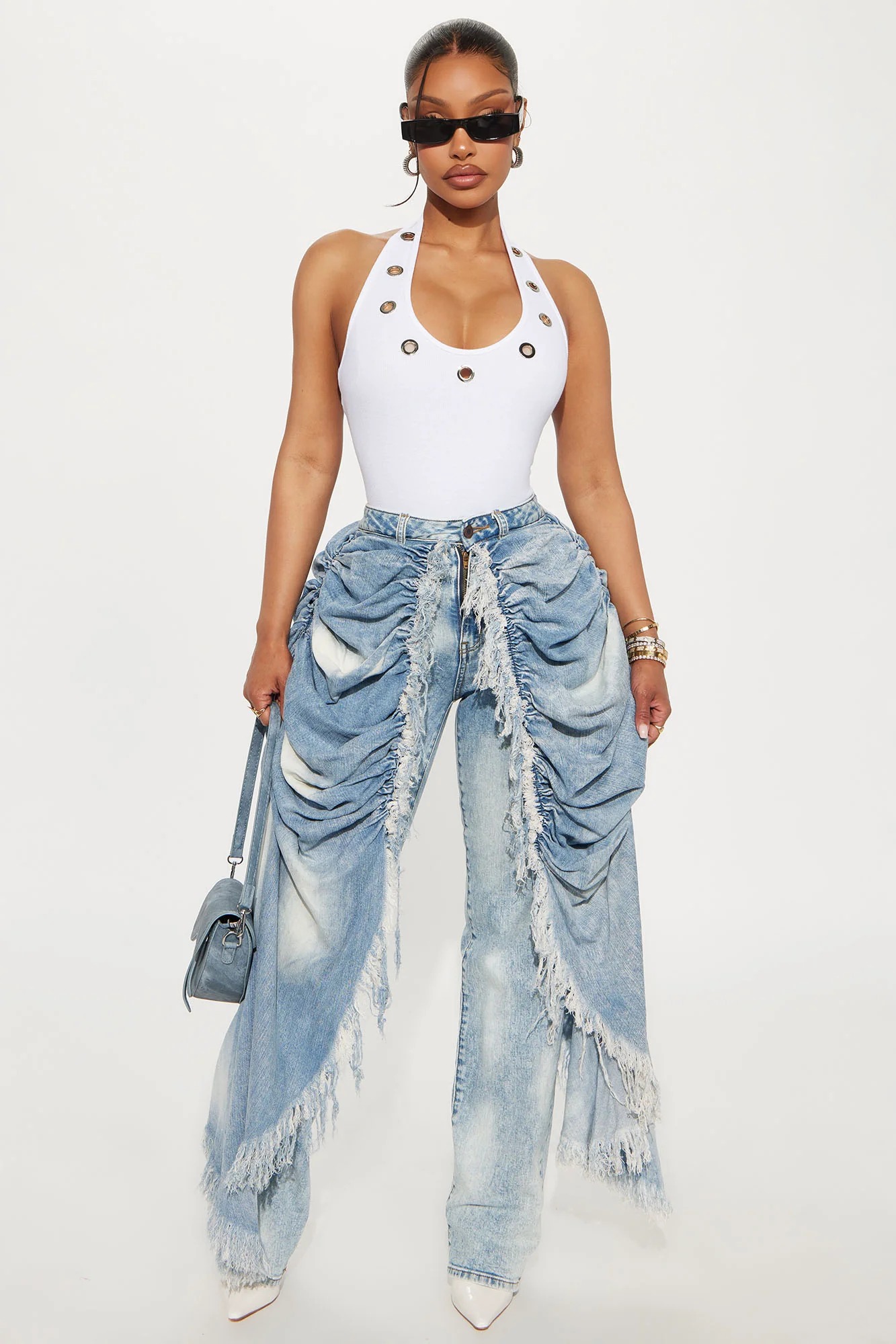 Layered Skirt Straight Jeans - Light Blue Wash