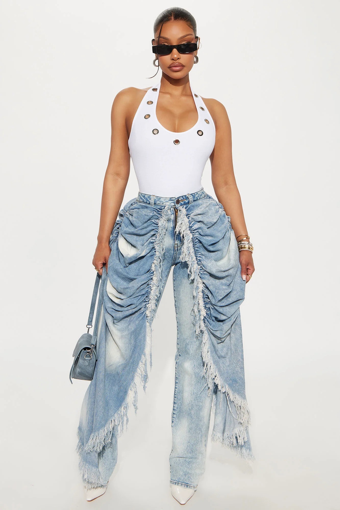 Layered Skirt Straight Jeans - Light Blue Wash