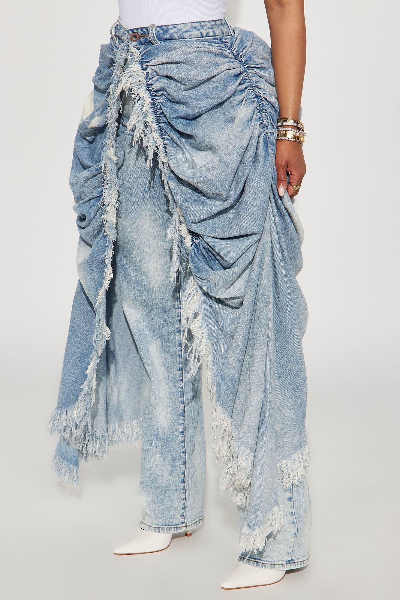 Layered Skirt Straight Jeans - Light Blue Wash