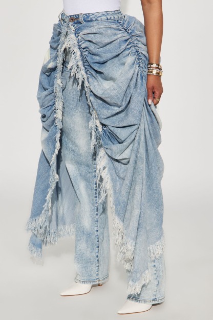 Layered Skirt Straight Jeans - Light Blue Wash