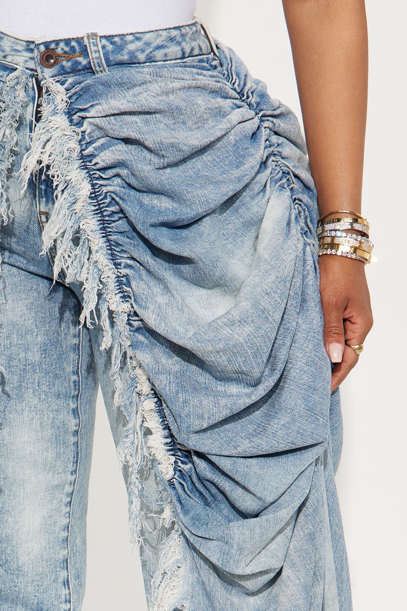 Layered Skirt Straight Jeans - Light Blue Wash