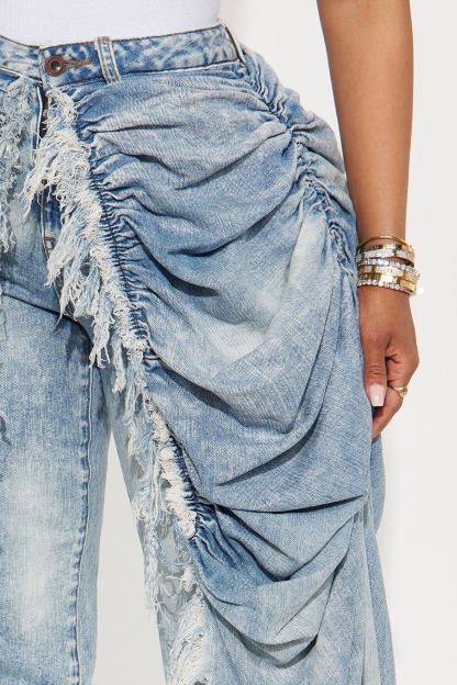 Layered Skirt Straight Jeans - Light Blue Wash