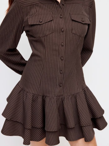 Striped Collar Long Sleeve Button Lace Up Layered Mini Dress