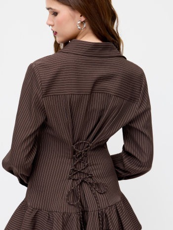 Striped Collar Long Sleeve Button Lace Up Layered Mini Dress