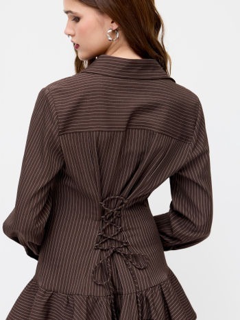 Striped Collar Long Sleeve Button Lace Up Layered Mini Dress