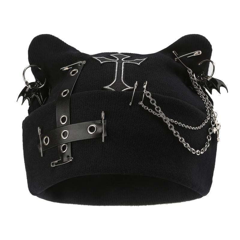 Gothic Cat Ear Beanie with Punk Chain & Bat Charm