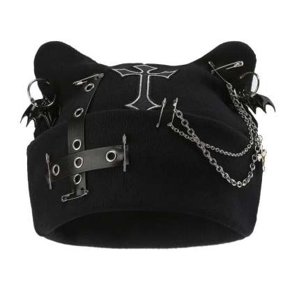 Gothic Cat Ear Beanie with Punk Chain & Bat Charm