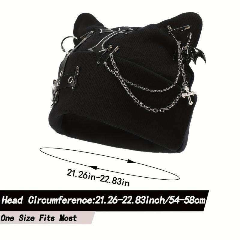 Gothic Cat Ear Beanie with Punk Chain & Bat Charm