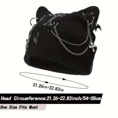 Gothic Cat Ear Beanie with Punk Chain & Bat Charm