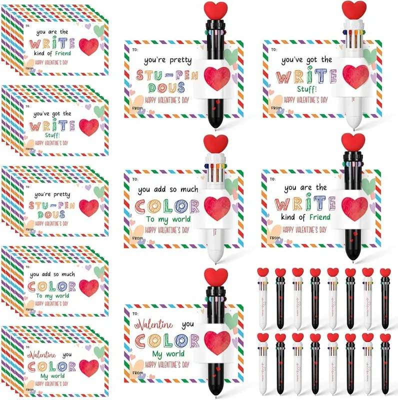 💞Valentine's Day Gifts Set: Multicolor Ballpoint Pen and Shaped Card Cards - Exchange Gift for Student🎁