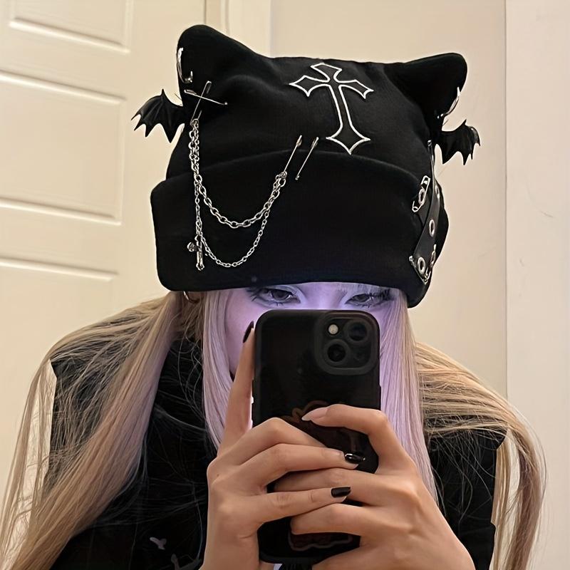 Gothic Cat Ear Beanie with Punk Chain & Bat Charm