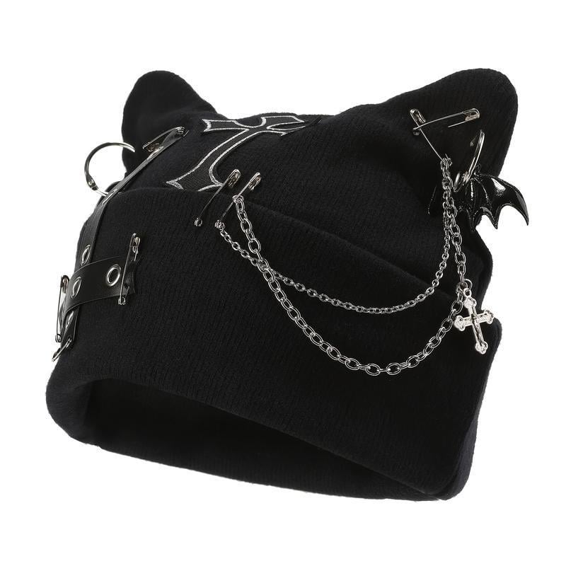 Gothic Cat Ear Beanie with Punk Chain & Bat Charm