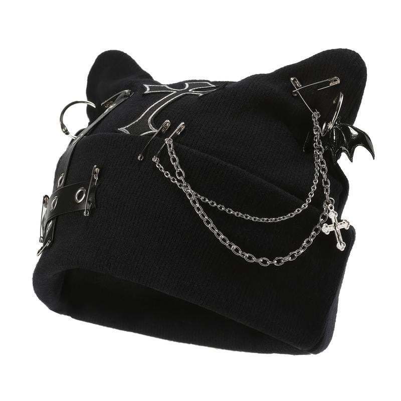 Gothic Cat Ear Beanie with Punk Chain & Bat Charm
