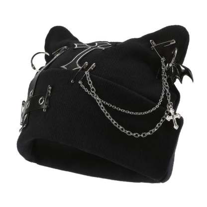 Gothic Cat Ear Beanie with Punk Chain & Bat Charm