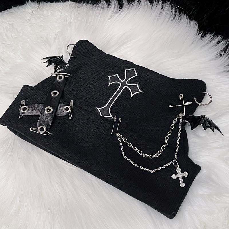 Gothic Cat Ear Beanie with Punk Chain & Bat Charm