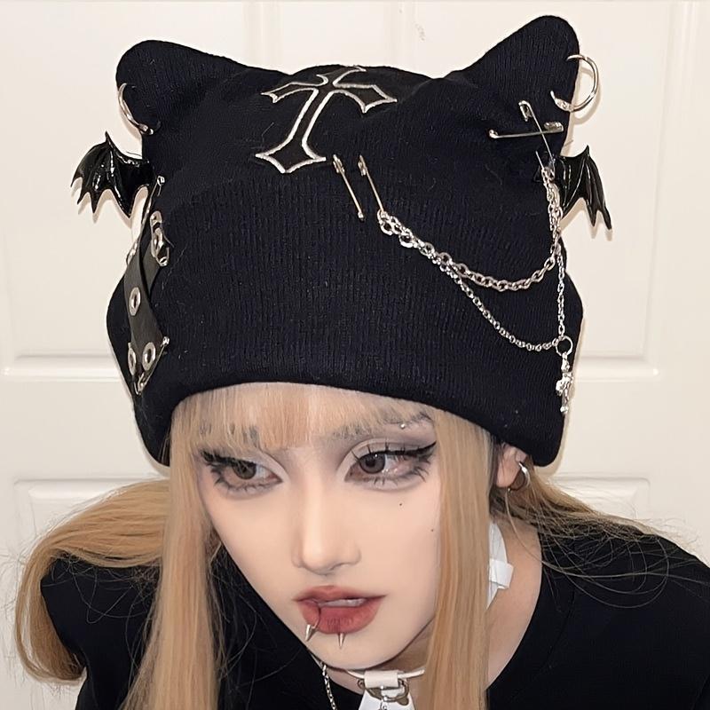 Gothic Cat Ear Beanie with Punk Chain & Bat Charm