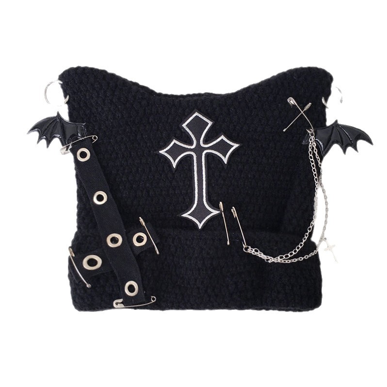 Gothic Cat Ear Beanie with Punk Chain & Bat Charm