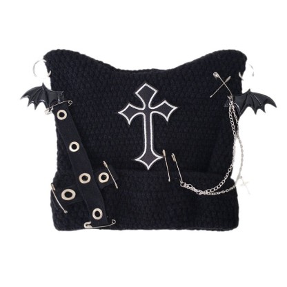 Gothic Cat Ear Beanie with Punk Chain & Bat Charm