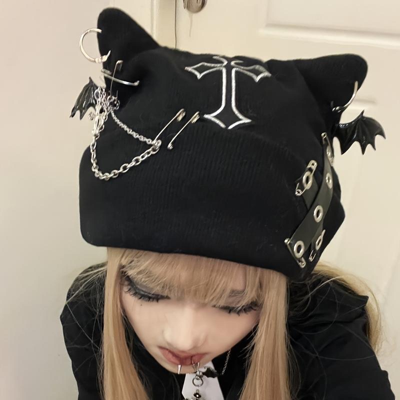 Gothic Cat Ear Beanie with Punk Chain & Bat Charm