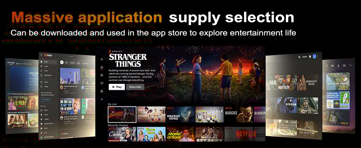 Mobile app interface showing streaming content library with multiple movie and TV show thumbnails arranged in a grid layout against dark background.