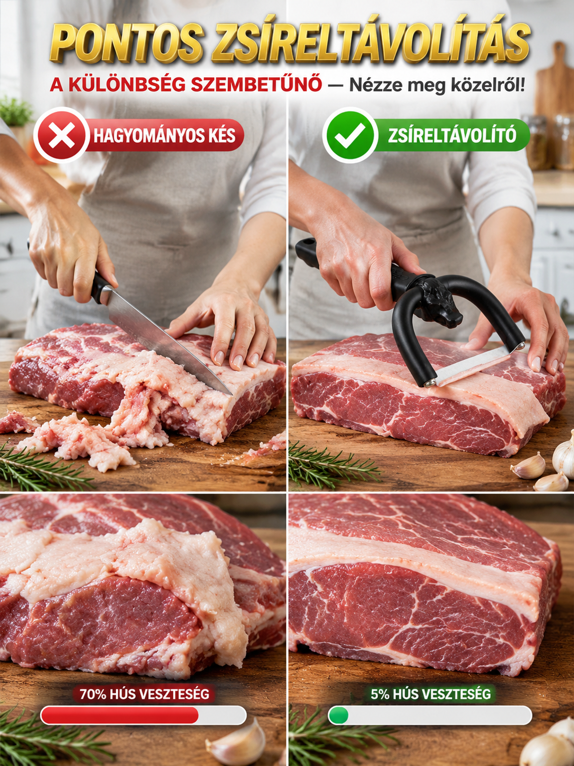 🥩 Mondjon búcsút a nehezen vágható hártyáknak és a felesleges zsírnak! A hús-előkészítés mindössze 3 másodperc – 30-szor gyorsabb, mint a hagyományos késekkel!