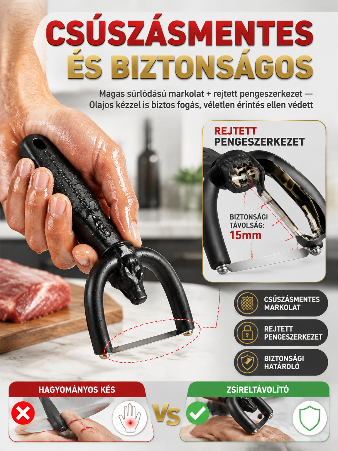🥩 Mondjon búcsút a nehezen vágható hártyáknak és a felesleges zsírnak! A hús-előkészítés mindössze 3 másodperc – 30-szor gyorsabb, mint a hagyományos késekkel!