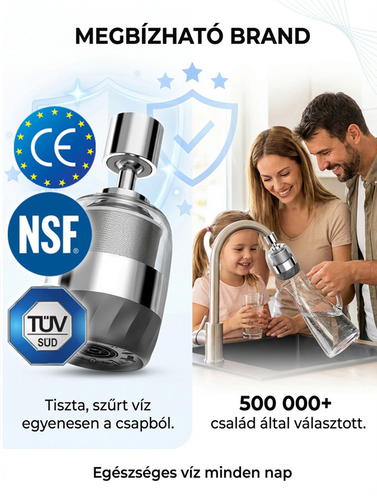 CE/NSF minősítés! 5 másodperc alatt tiszta víz, 99% baktériummentesítés és klórmentesítés💧