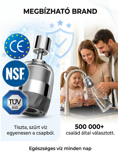 CE/NSF minősítés! 5 másodperc alatt tiszta víz, 99% baktériummentesítés és klórmentesítés💧