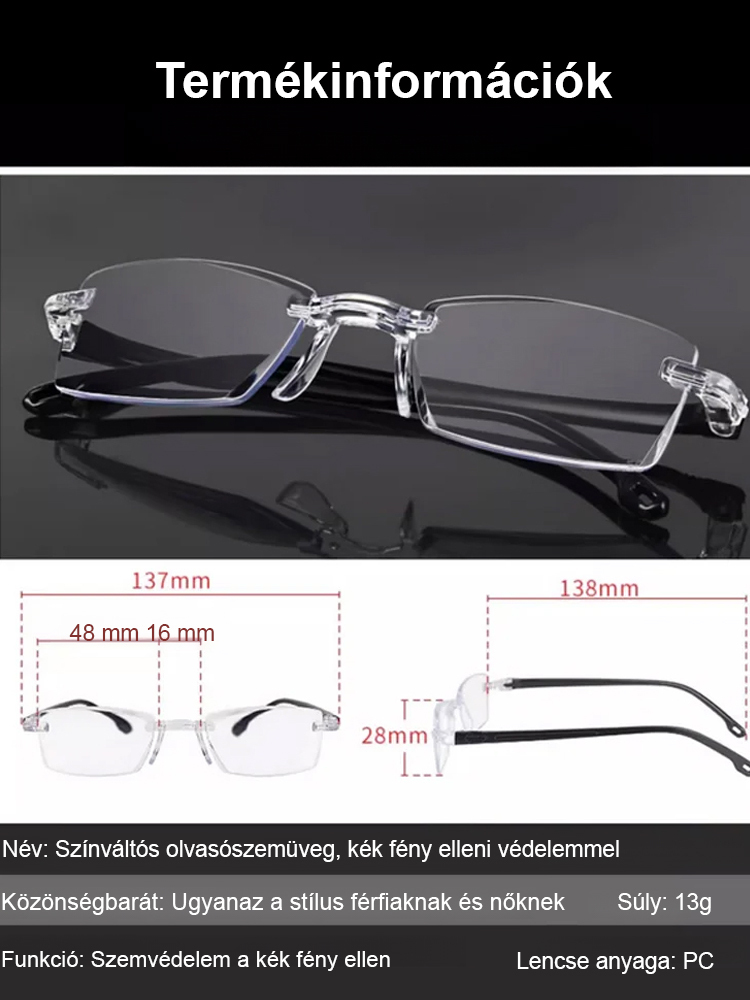 Keretnélküli szemüveg, automatikus állítás 0-1000 dioptriáig ✨