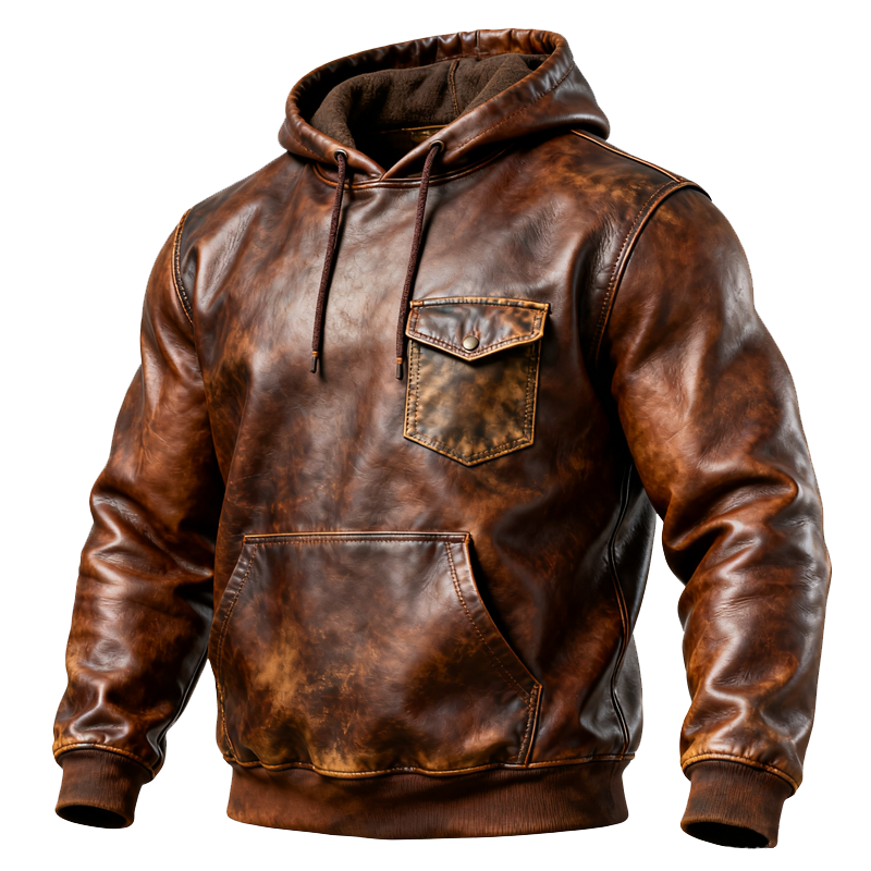 Vintage Brown Leather Hoodie With Pockets-Unitsen
