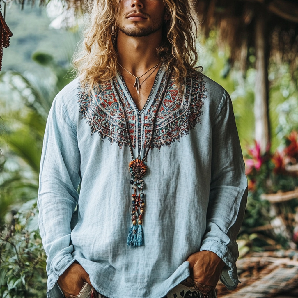 Men's Bohemian Holiday Style Vintage Linen Printed Casual Long Sleeve Top-Unitsen