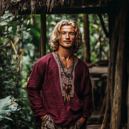 Men's Bohemian Holiday Style Vintage Linen Printed Casual Long Sleeve Top-Unitsen