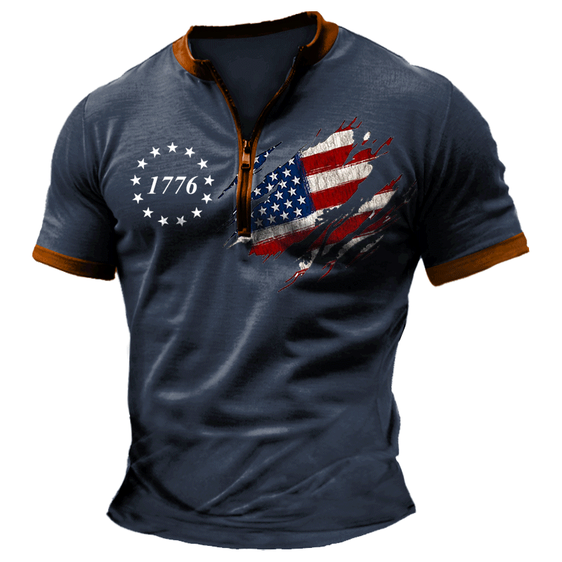 Men's Vintage American 1776 Patriotic Print Zipper Daily Short Sleeve T-Shirt-Unitsen