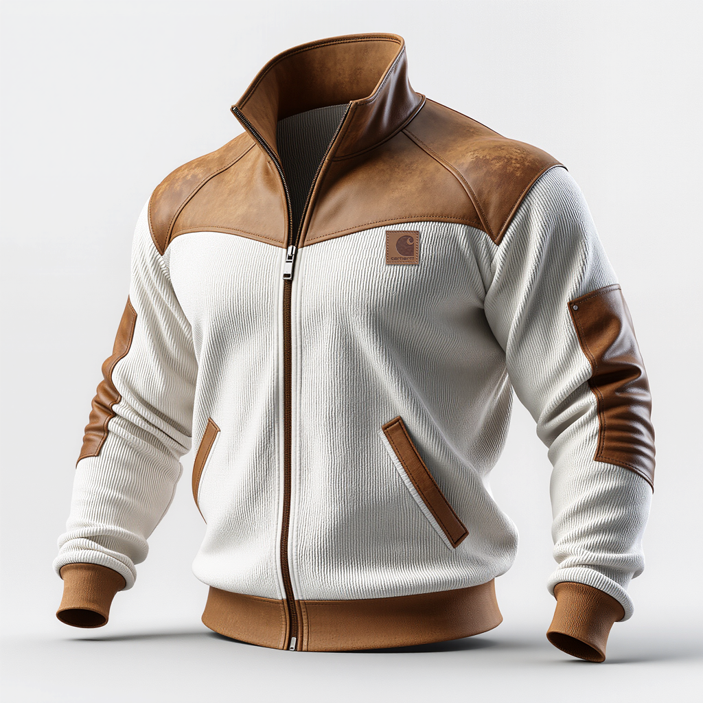 Brown And White Leather-Trimmed Fleece Jacket-Unitsen