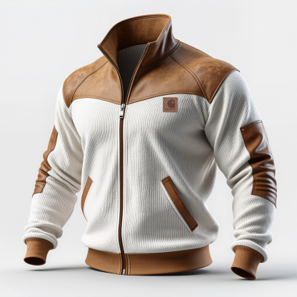 Brown And White Leather-Trimmed Fleece Jacket-Unitsen