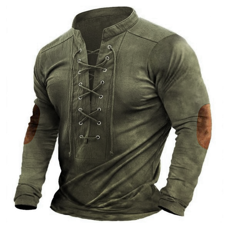 Men's Outdoor Suede Patchwork Drawstring Collar Long Sleeve T-Shirt-Unitsen