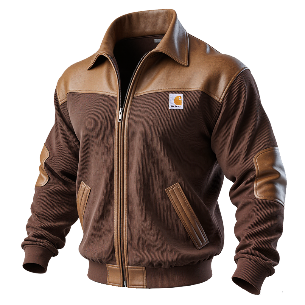 Brown Corduroy And Leather Jacket With Zipper Closure-Unitsen