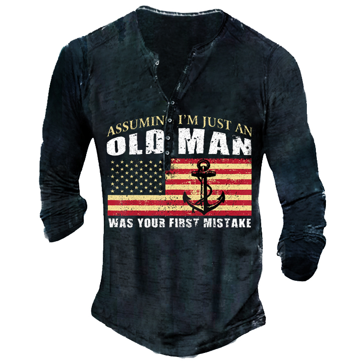 Old Men Was Your First Mistake Men's Henley Button Long Sleeve Shirt-Unitsen