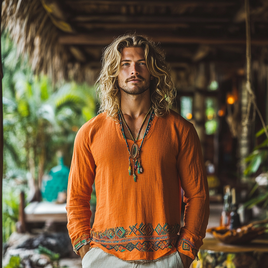 Men's Bohemian Holiday Style Vintage Linen Printed Casual Long Sleeve Top-Unitsen