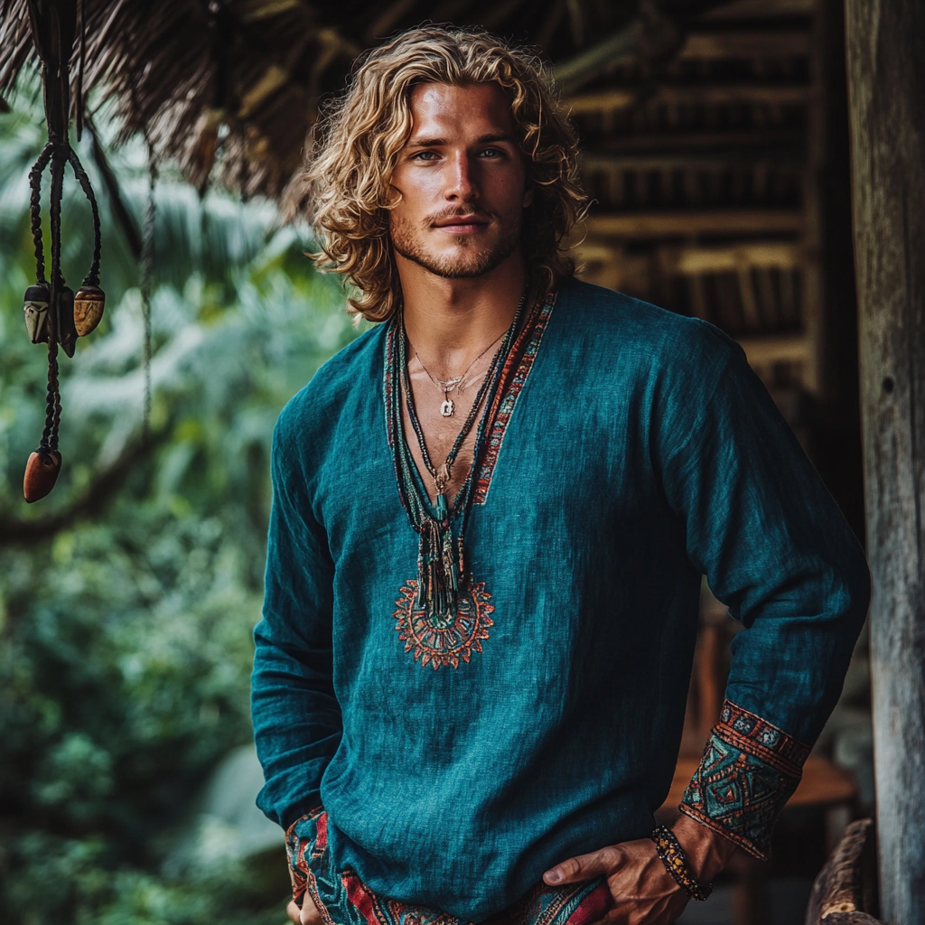 Men's Bohemian Holiday Style Vintage Linen Printed Casual Long Sleeve Top-Unitsen