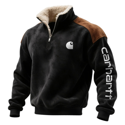 Men's Retro Western Style Contrast Color Suede 1/4 Zip Stand Collar Sweatshirt-Unitsen