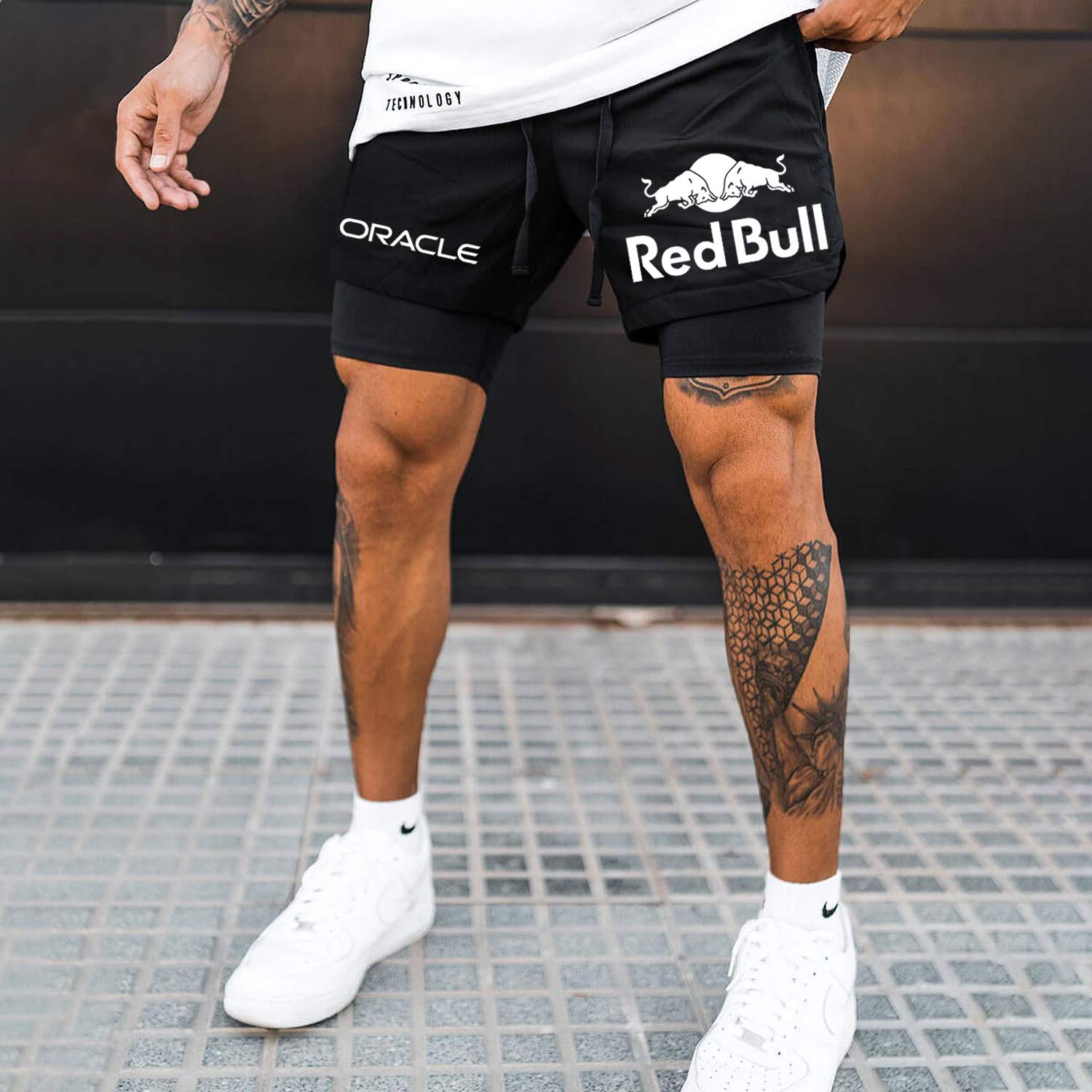 Men's Red Bull Logo Print Double Layer Sports Shorts-Unitsen